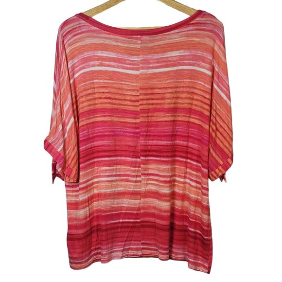 Ellen Tracy Pullover Top Pink 1X Round Neck Open Short Sleeve Ties On Striped - Picture 5 of 8